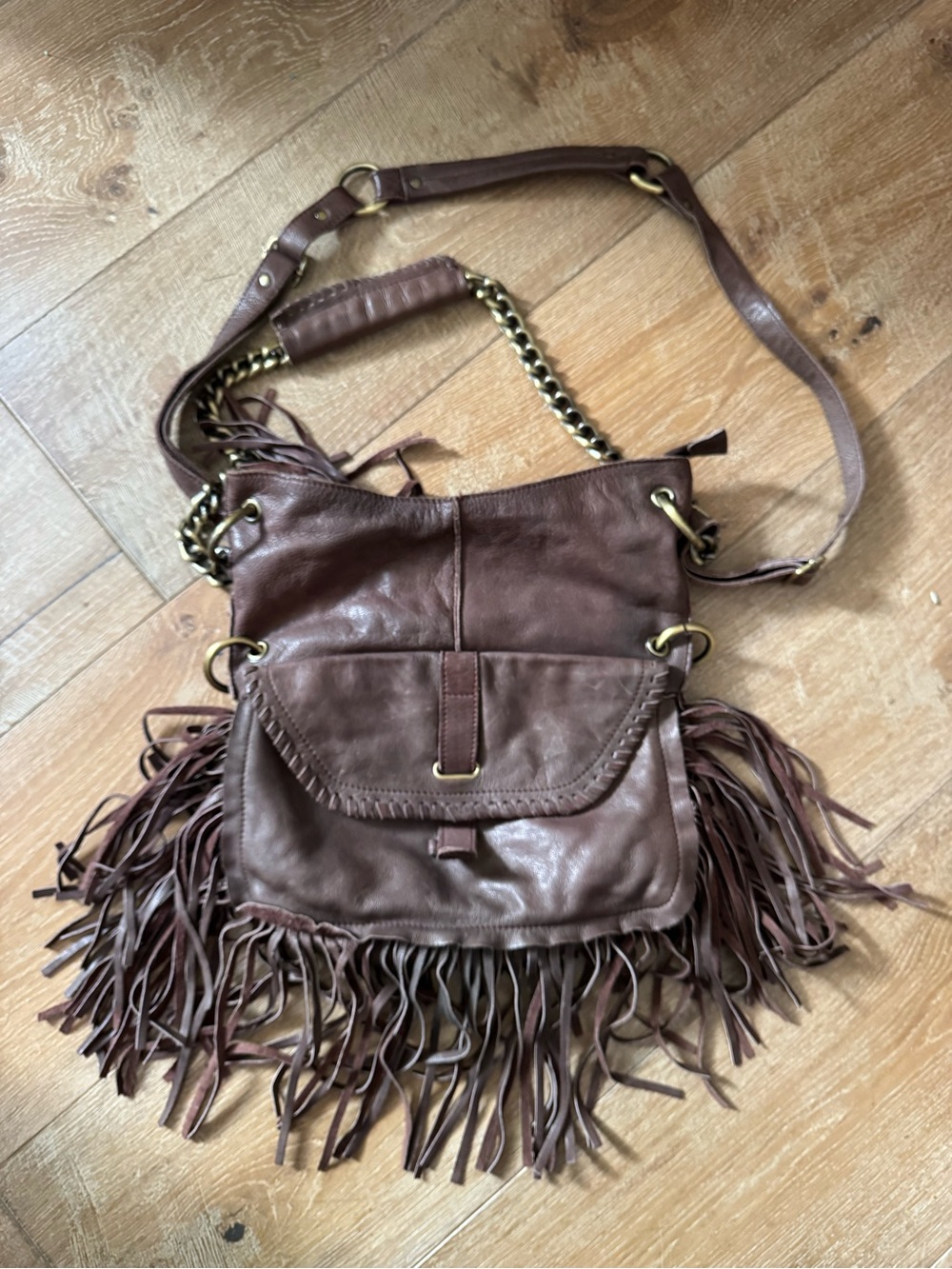 Free People Cut N Paste Brown Fringe Leather Crossbody Bag